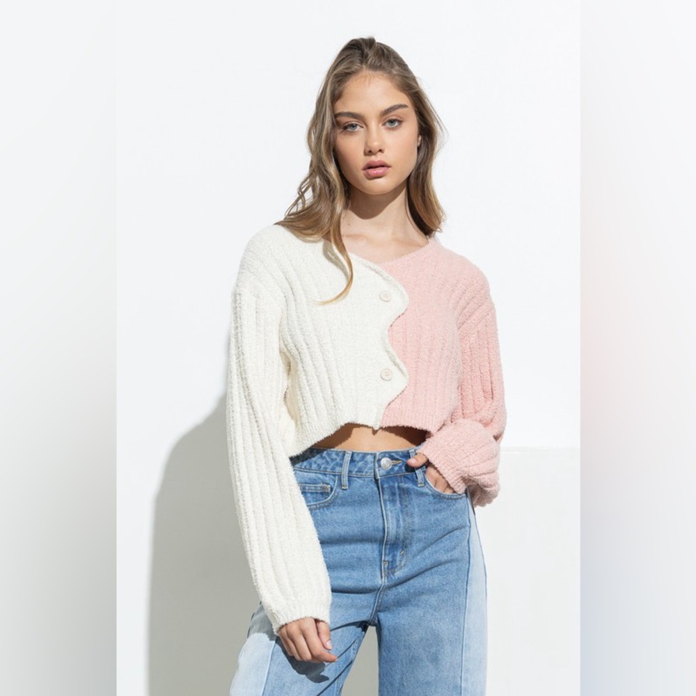 Colorblock Soft Button Down Cropped Cardigan - image 1